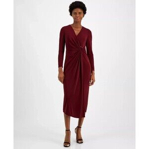 Anne Klein Women's V-Neck Side-Ruched Jersey Midi Dress Trendy Burgundy Size M